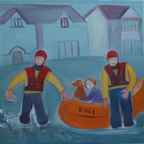 A colourful painting of a woman and her dog being saved by the RNLI during flooding.