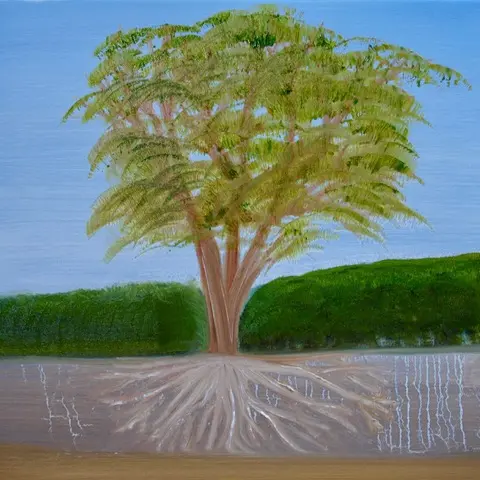 A colourful painting showing a healthy tree above ground in a field, with its roots underground.