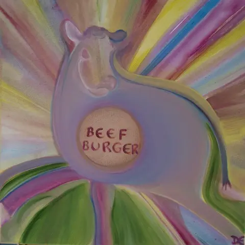 A colourful painting of a cow surrounded by a rainbow. On the cow's stomach is a brown circle with the words 'beef burger'.