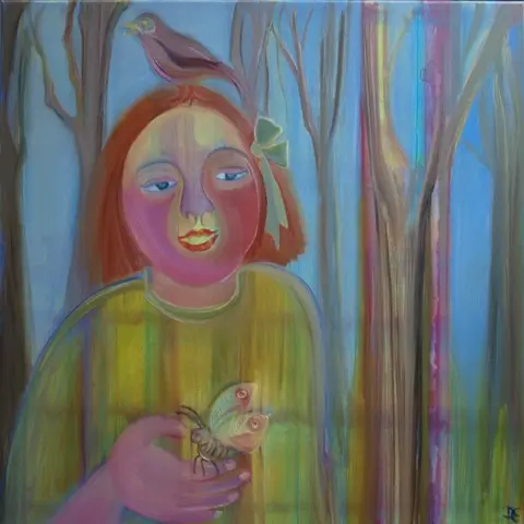 A colourful painting of a girl in a forest - on her head sits a bird while a butterfly rests in her hand.