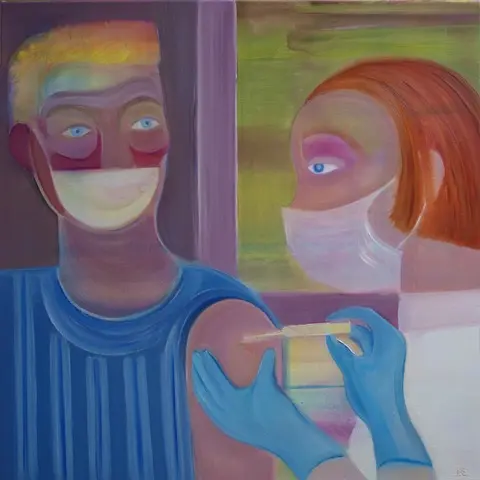 A colourful painting of a man receiving an injection in his arm by a medical professional. They both wear facemasks and the medic wears bright blue gloves.