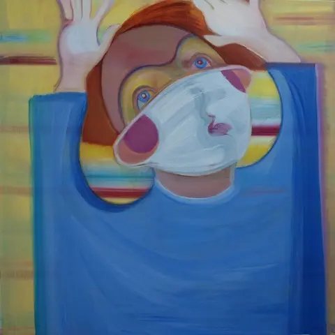 A colourful painting of a person with their hands held above their head, they wear a facemask.