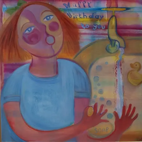 A colourful painting of a woman washing her hands in a sink with a bar of soap. A rubber duck sits in the water.