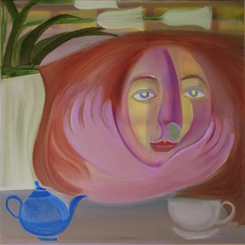 A colourful painting of a figure resting on her hands with a teapot and teacup.