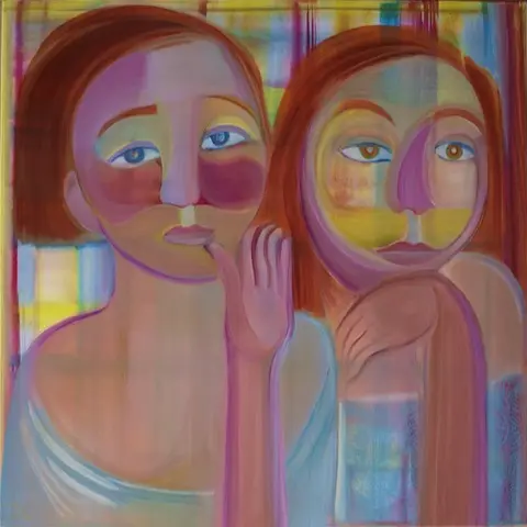 A colourful painting of two girls looking lost and tired.