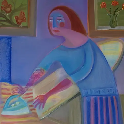 A colourful painting of a woman looking miserable ironing a striped cloth.