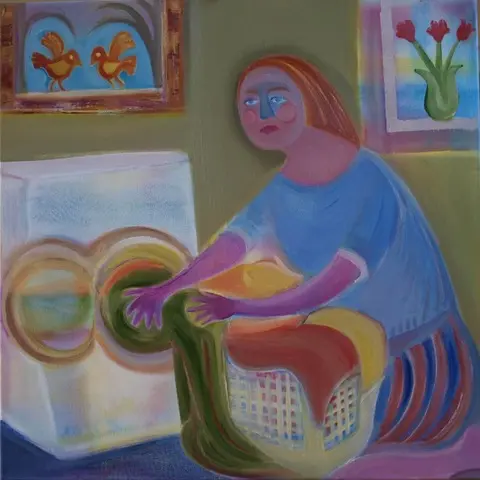 A colourful painting of a woman loading a large pile of clothes into a washing machine.