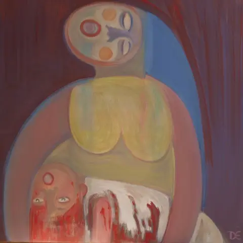 A colourful painting of a woman holding a child with blood all over them.