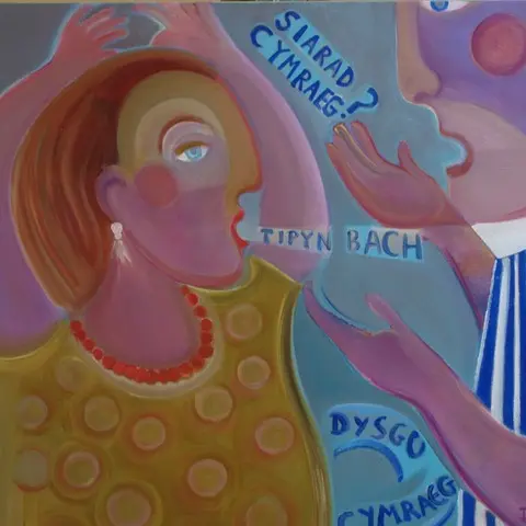 A colourful painting of two figures - text in Welsh surrounds them as they question each other.