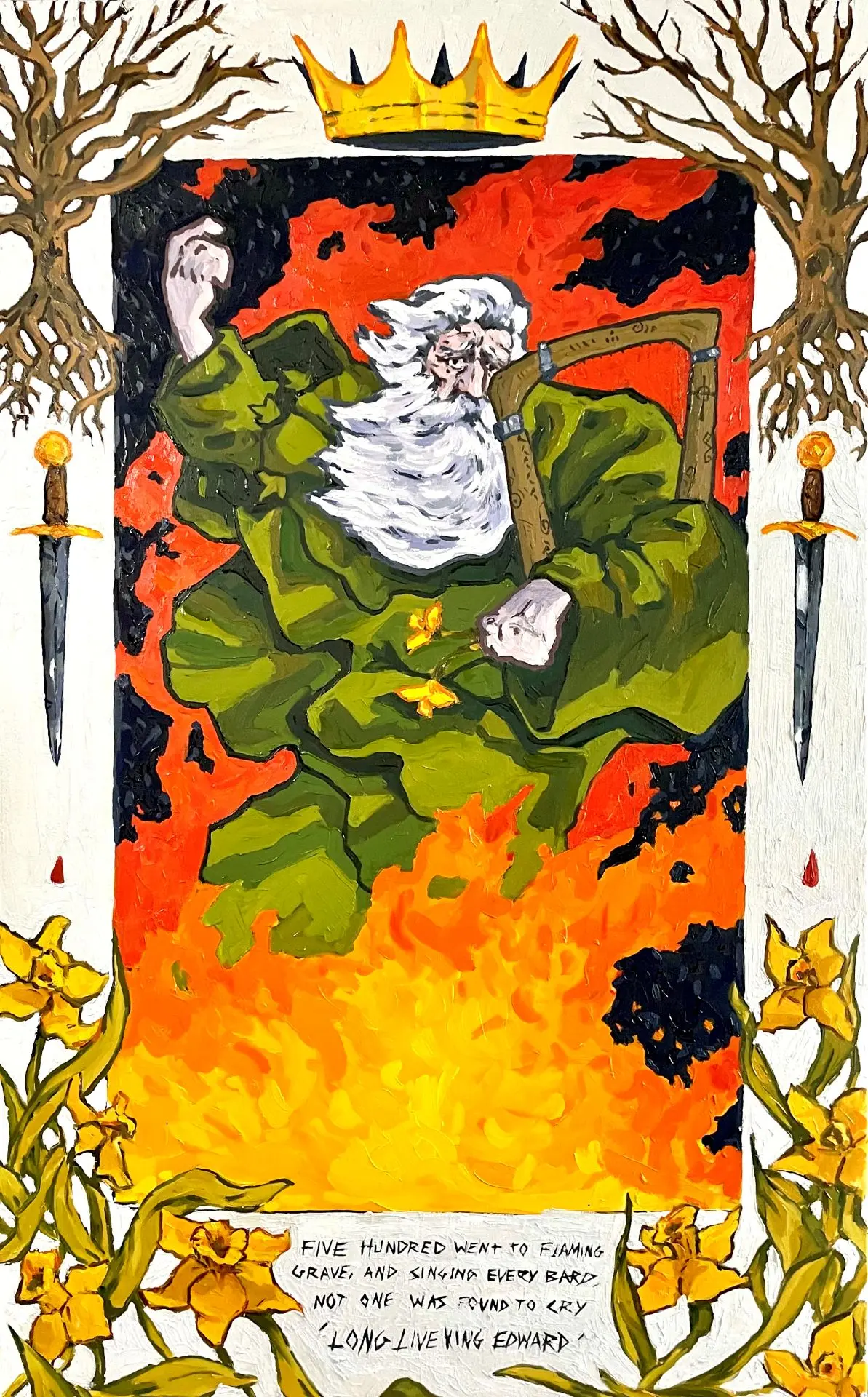 A painting of an elderly man in green robes holding a harp and two daffodils. He is surrounded by orange flames, and painted on the border are bare trees, a crown, two swords and daffodils.